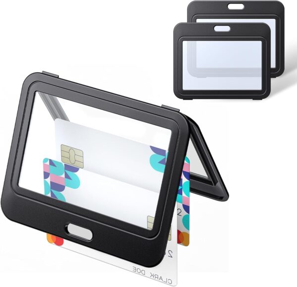 ABHA PRINT dual-sided horizontal ID card holder in black, made of rigid hard plastic with transparent windows for office, school, and access cards