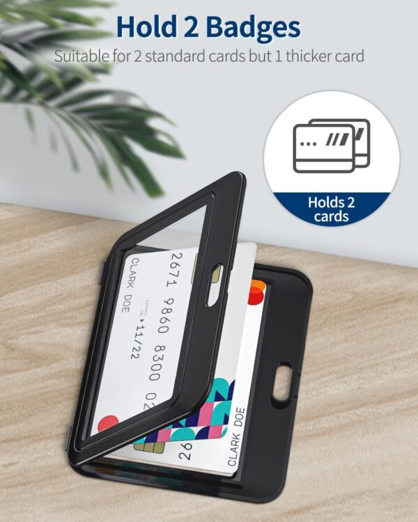 ABHA PRINT dual-sided horizontal ID card holder in black, made of rigid hard plastic with transparent windows for office, school, and access cards
