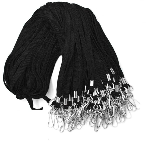 Bulk flat lanyards for ID badges with swivel J-hook, 36-inch, 100-pack, ABHA PRINT. Durable metal hook detail. Worn by staff and students at office or school events. Bulk pack of 100 lanyards. Soft, braided nylon for comfort and durability. Adjustable flat strap. Machine washable care instructions included