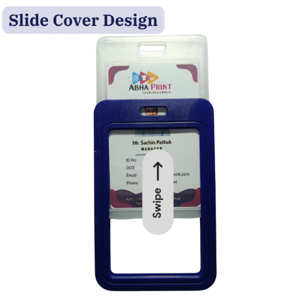 Durable ABHA PRINT® hard plastic ID card holder for lanyard and badge reel Vertical sliding ID badge holder showing smooth sliding mechanism Heavy-duty ABS plastic ID badge holder with clear PET window - ABHA PRINT® Standard size ID card holder compatible with lanyards and retractable reels ABHA PRINT® ID badge holder used by office staff with lanyard Secure and durable sliding ID badge holder from ABHA PRINT® Sliding ID Badge Holder