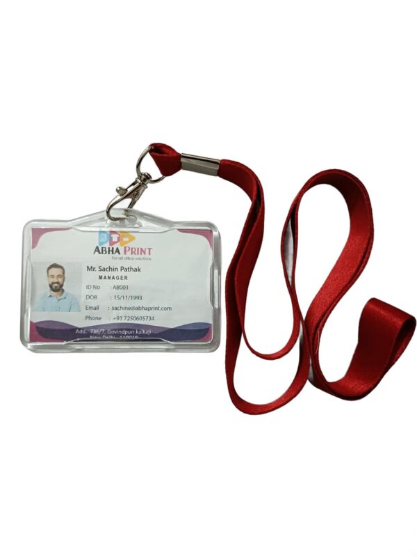 ABHA PRINT® clear hard plastic horizontal name tag holder with lanyard clip Durable horizontal ID badge holder made of clear hard plastic by ABHA PRINT® Waterproof and dustproof clear plastic horizontal name tag badge holder for office, school, and events Professional clear hard plastic horizontal badge holder displaying standard ID card ABHA PRINT® horizontal style badge holder with transparent design for ID protection