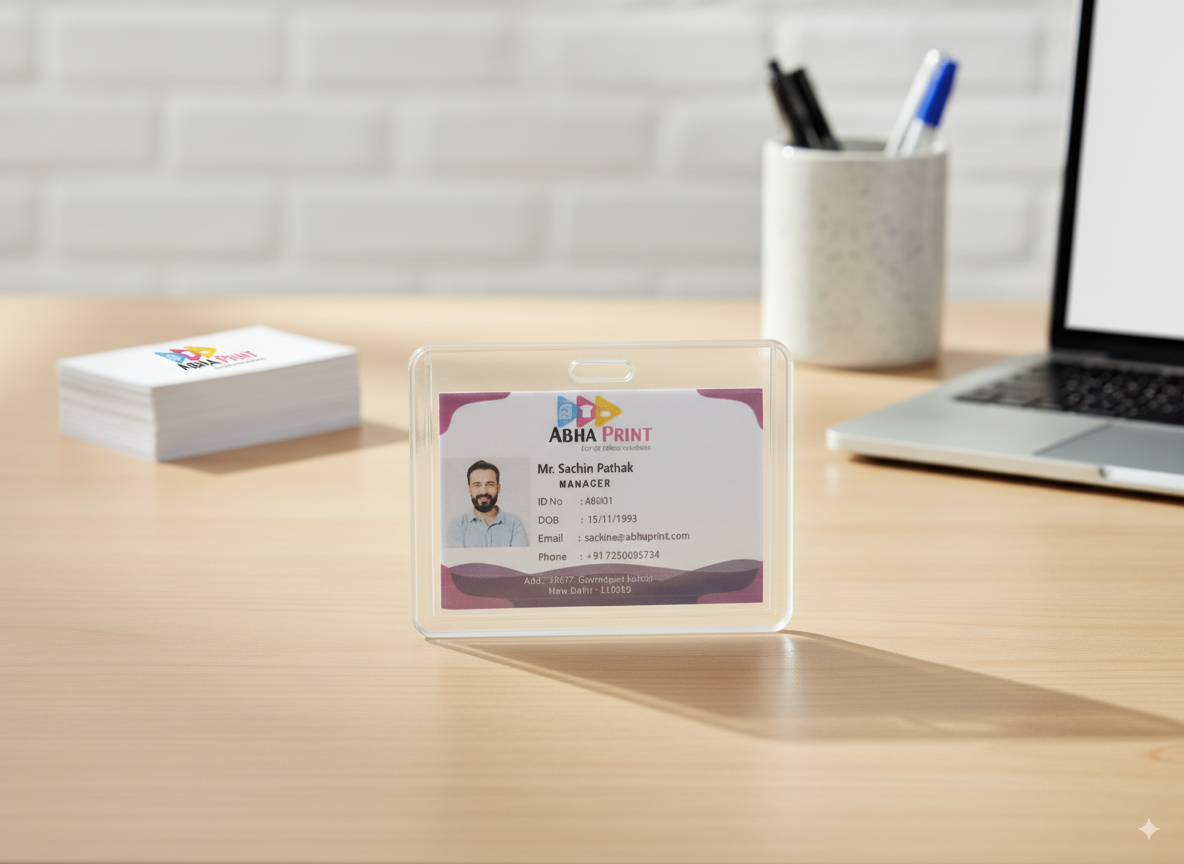 ABHA PRINT® Hard Plastic ID Card Holder – Horizontal Transparent Design