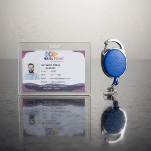 ABHA PRINT® Retractable ID Badge Holder – Transparent Hard Plastic Horizontal Style Retractable ID Badge Holder with Yo-Yo Clip & Key Ring by ABHA PRINT® ABHA PRINT® Horizontal Retractable ID Badge Holder with 60 cm Cord