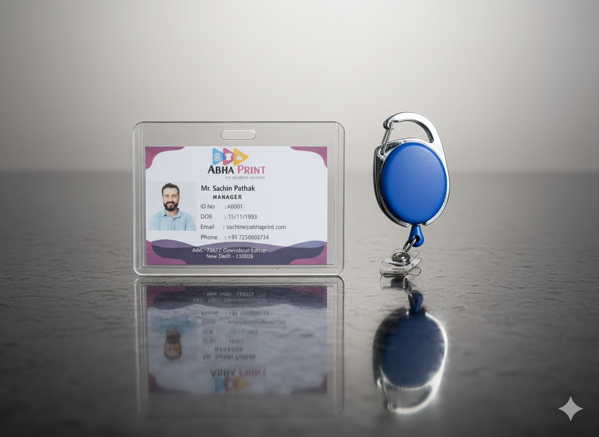ABHA PRINT® Retractable ID Badge Holder – Transparent Hard Plastic Horizontal Style Retractable ID Badge Holder with Yo-Yo Clip & Key Ring by ABHA PRINT® ABHA PRINT® Horizontal Retractable ID Badge Holder with 60 cm Cord