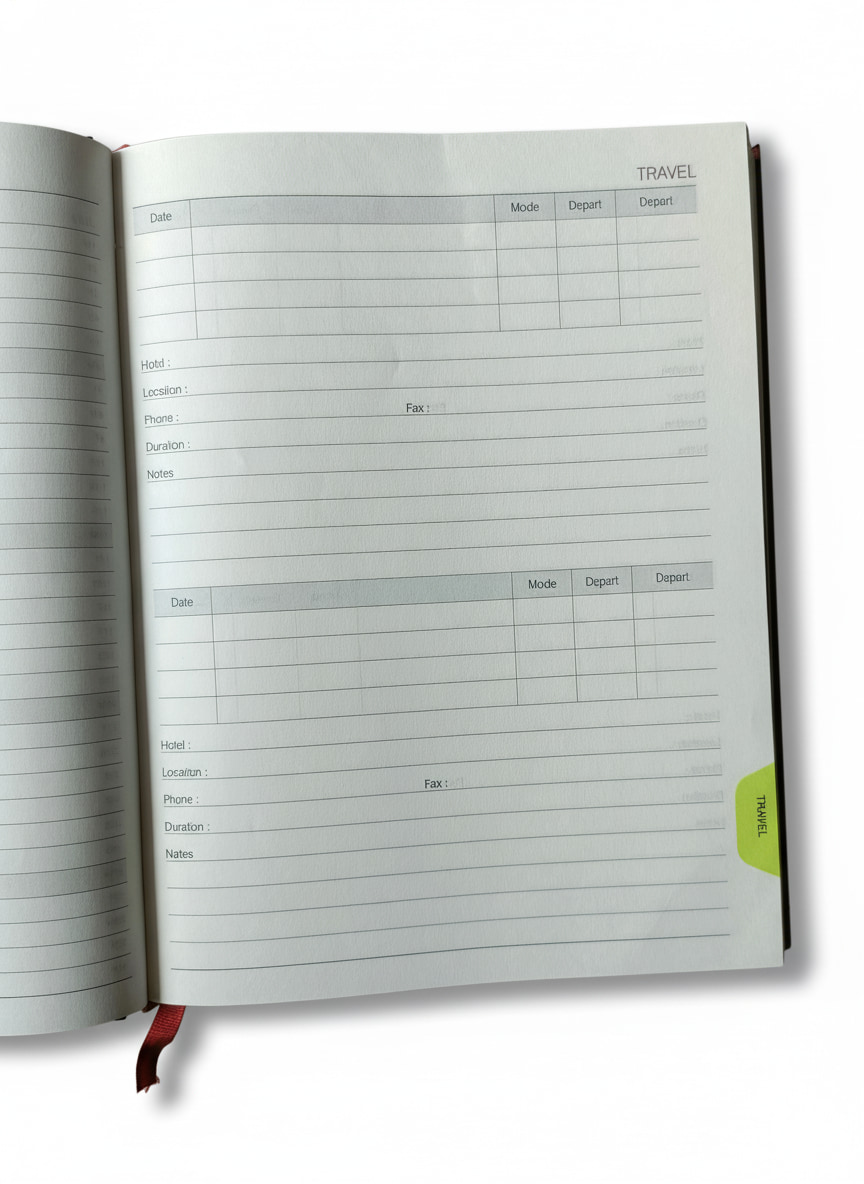 ABHA PRINT® 2026 Business Organiser Diary – 7×9 inch Dual-Tone Hardbound Cover ABHA PRINT® 2026 Business Organiser Diary – Travel Log and ISD Directory Pages ABHA PRINT® 2026 Business Organiser Diary – Daily Planning Layout with Ribbon Bookmark