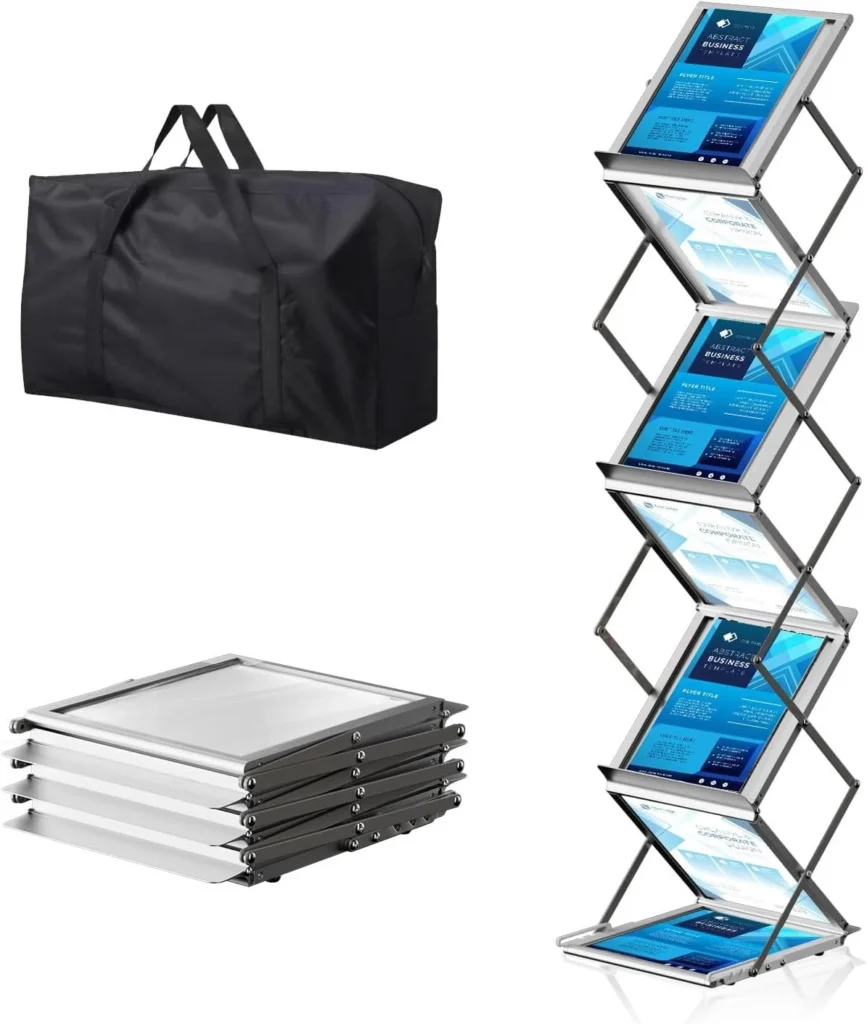 Organized brochures displayed on a catalogue stand